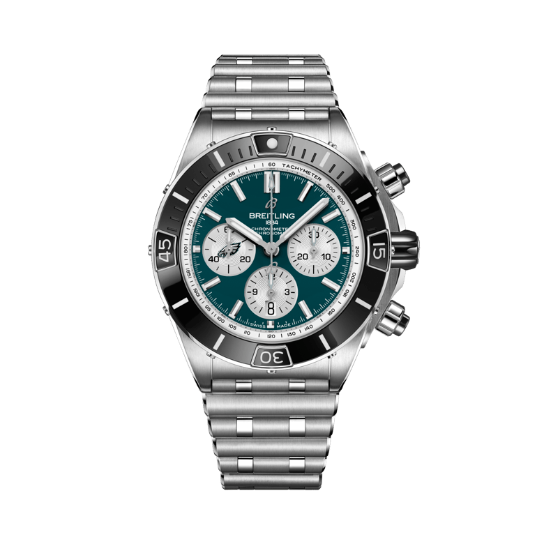 Super Chronomat B01 Chronograph 44 NFL Philadelphia Eagles, Referenz AB01361C1L5A1. Link zu Produktdetails.