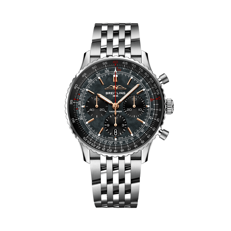 ナビタイマー B01 クロノグラフ 43 ジャパン エディション、リファレンス AB01381G1B1A1。 商品詳細ページへのリンク。