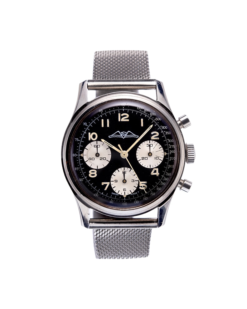 {generated} Breitling Premier AOPA ref.765 watch with black dial, three subdials and a steel mesh strap shown in a clean front view