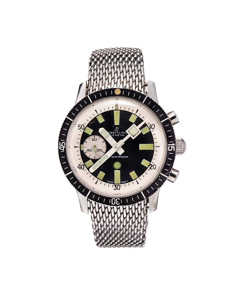 {generated} Breitling SuperOcean Performance Mk2 ref 2005 Valjoux 7731 orologio sub con quadrante nero e bracciale mesh in vista frontale