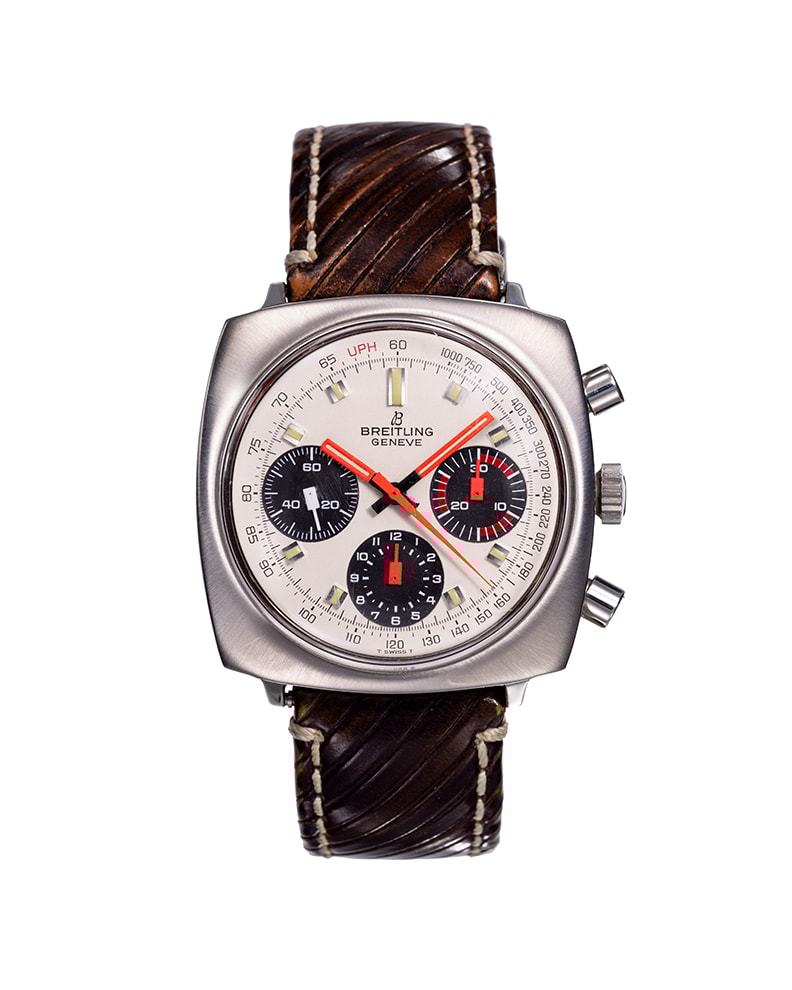 {generated} Orologio vintage Breitling Top Time Square ref. 814 Venus 178 con cassa quadrata in acciaio, contatori decisi e cinturino marrone.