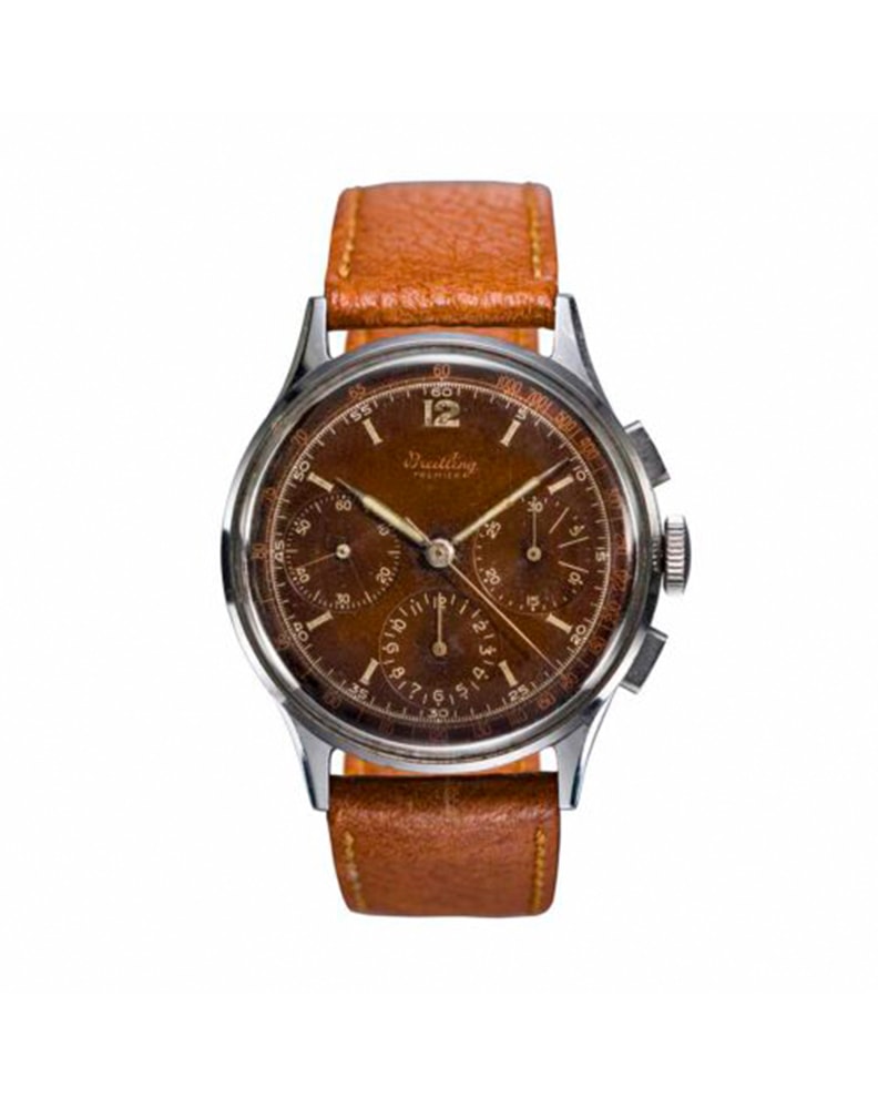 {generated} Breitling Premier Huit ref.734 Venus 178 vintage watch with brown dial, chronograph subdials and tan leather strap.