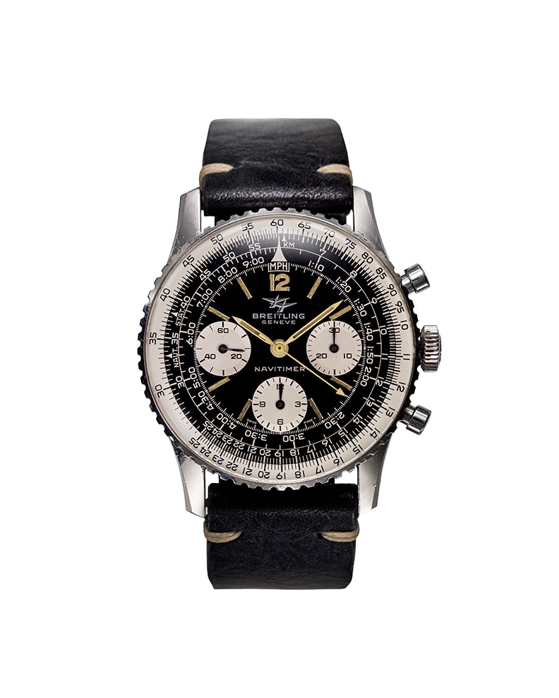 {generated} ヴィンテージBreitlingナビタイマーMk4 ref.806 Venus 178が黒い文字盤とトリコンパックス配置、黒革ストラップで示される。