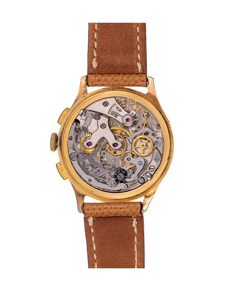 {generated} Breitling Datora ref.799 vintage gold watch with L Venus 187 movement and brown leather strap shown in a front view