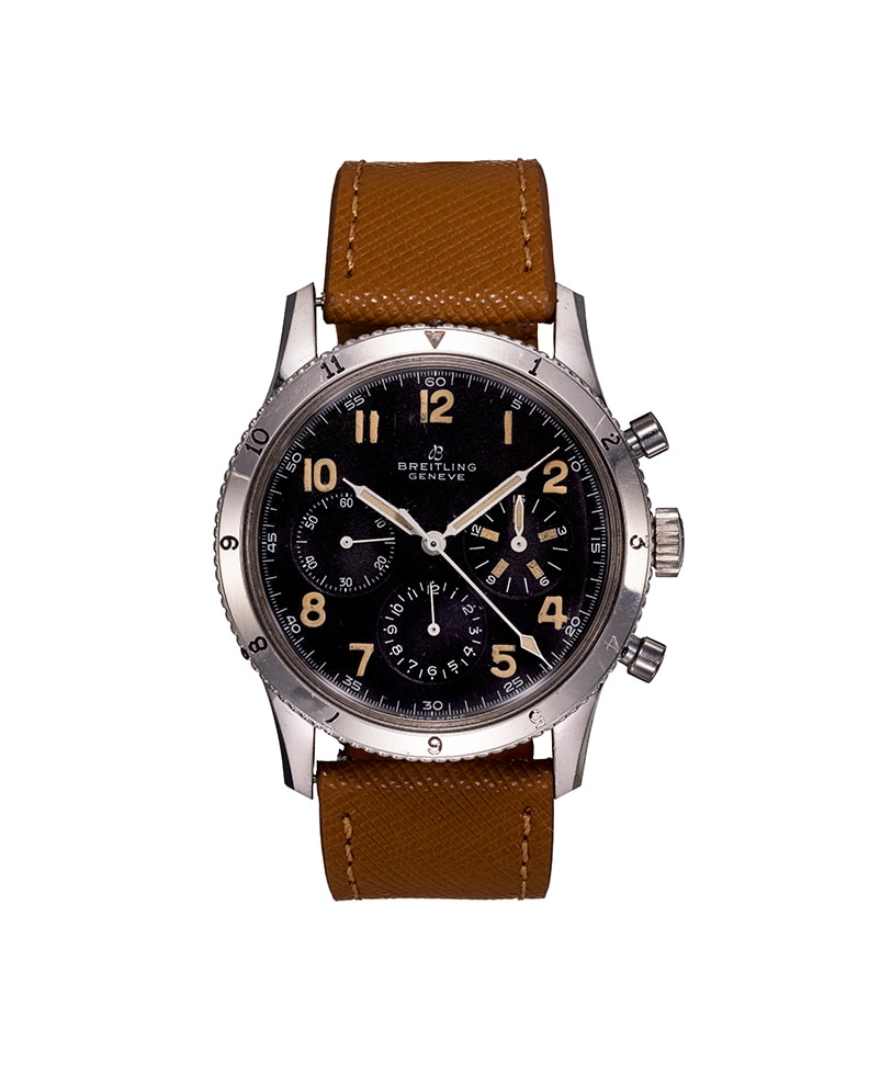 {generated} Breitling Co-Pilot AVI-Mk1 with black chronograph dial and tan leather strap shown clearly from the front for product detail