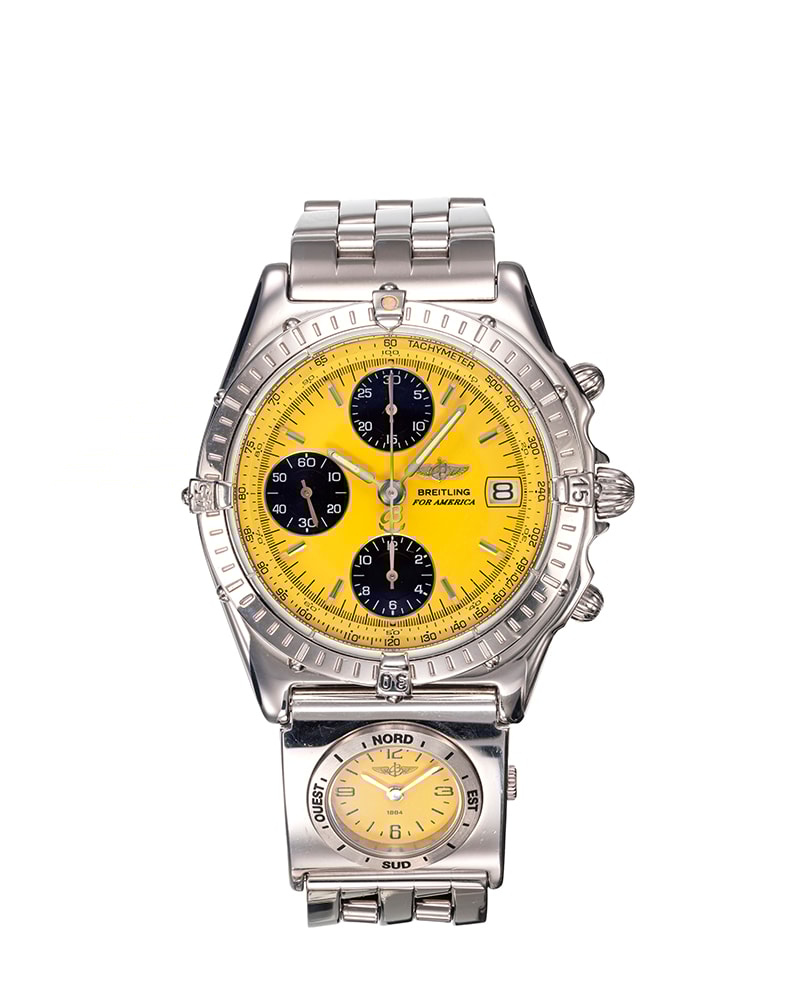 {generated} 黄色の文字盤と黒いサブダイヤルを備えたBreitling Chronomat UTC A13050.1がUTCモジュール付きでスチールブレス仕様