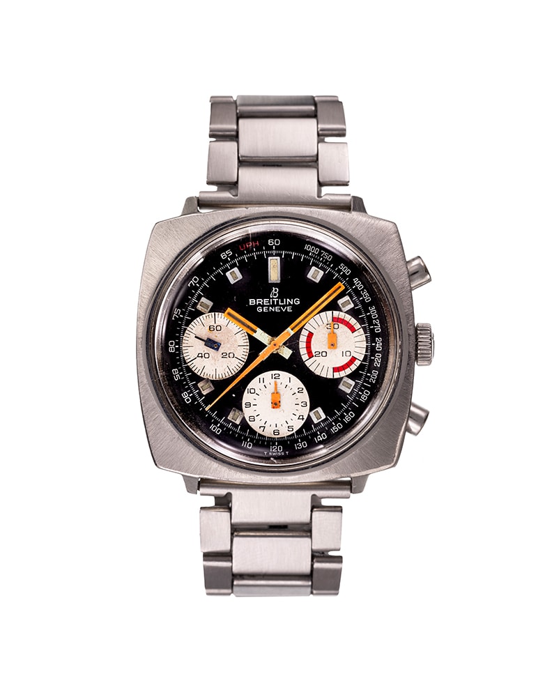 {generated} Breitling Top Time Square ref. 814 Venus 178 con quadrante nero, contatori evidenti e bracciale in acciaio dallo stile vintage