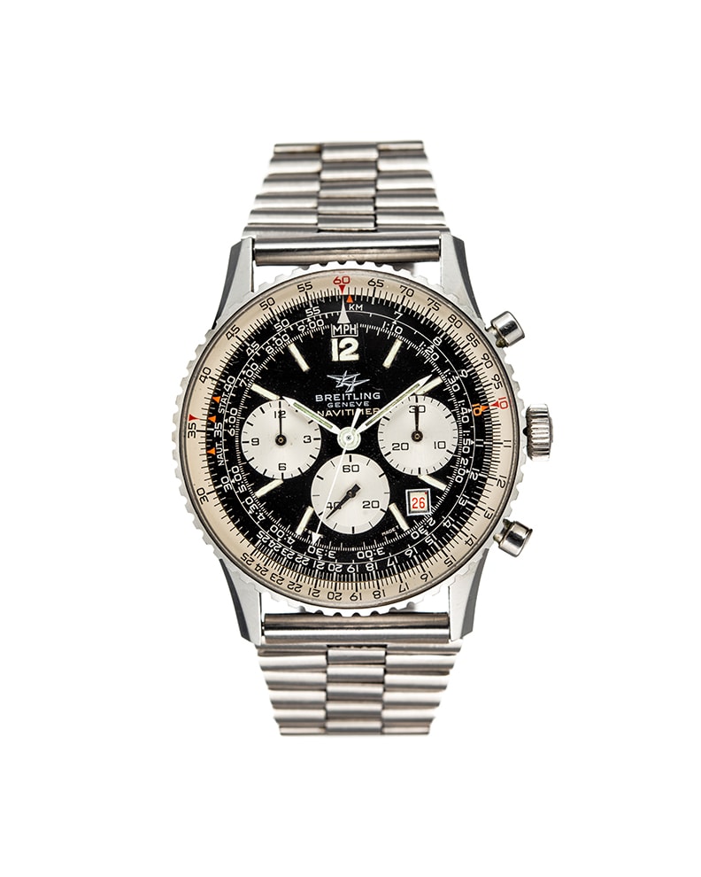 {generated} ビンテージのBreitling Navitimer Big Case ref.816 Venus 178で、黒い文字盤とトライコンパックス配置、スチールブレス付き。