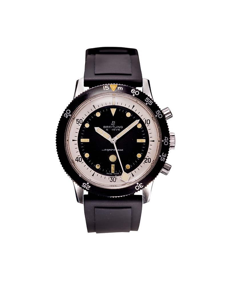 {generated} Breitling SuperOcean Performance Mk1.2 ref 2005 Valjoux 7731 con quadrante nero, lunetta girevole e cinturino nero in gomma.