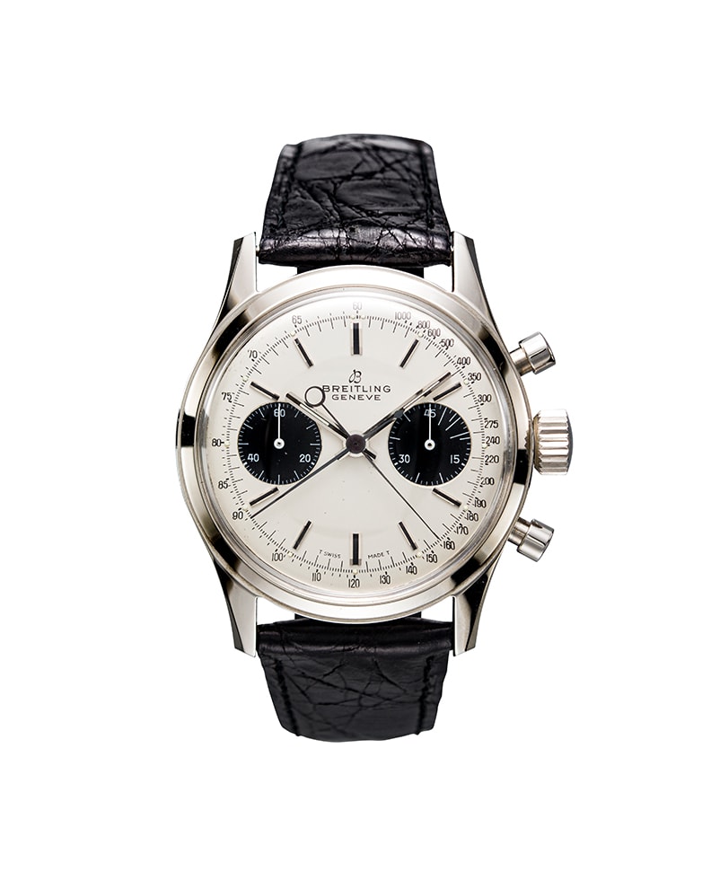 {generated} Vintage Breitling Duograph ref.791 Venus 185 with a silver dial, black subdials, and a textured black leather strap.