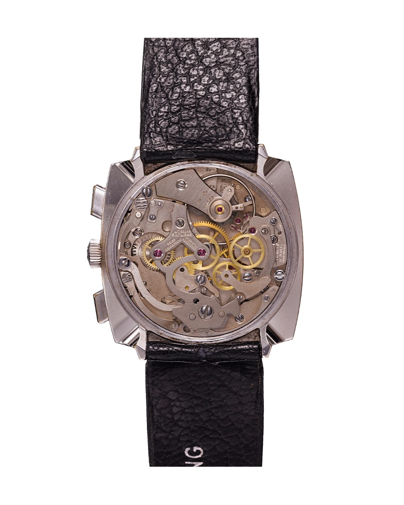 {generated} Breitling Top Time Square ref.2006 Valjoux 7730 con quadrante blu, due contatori e cinturino in pelle nera mostrato frontalmente.