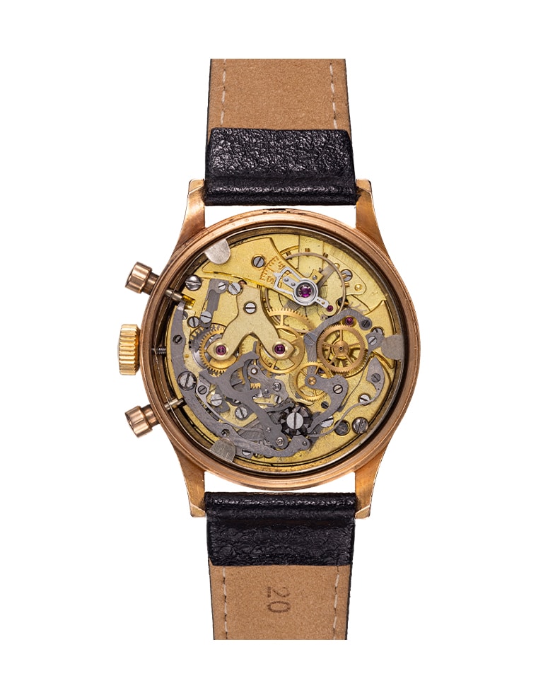 {generated} Breitling Premier ref. 777 Venus 175 with a gold case, black dial and leather strap shown on a simple white background