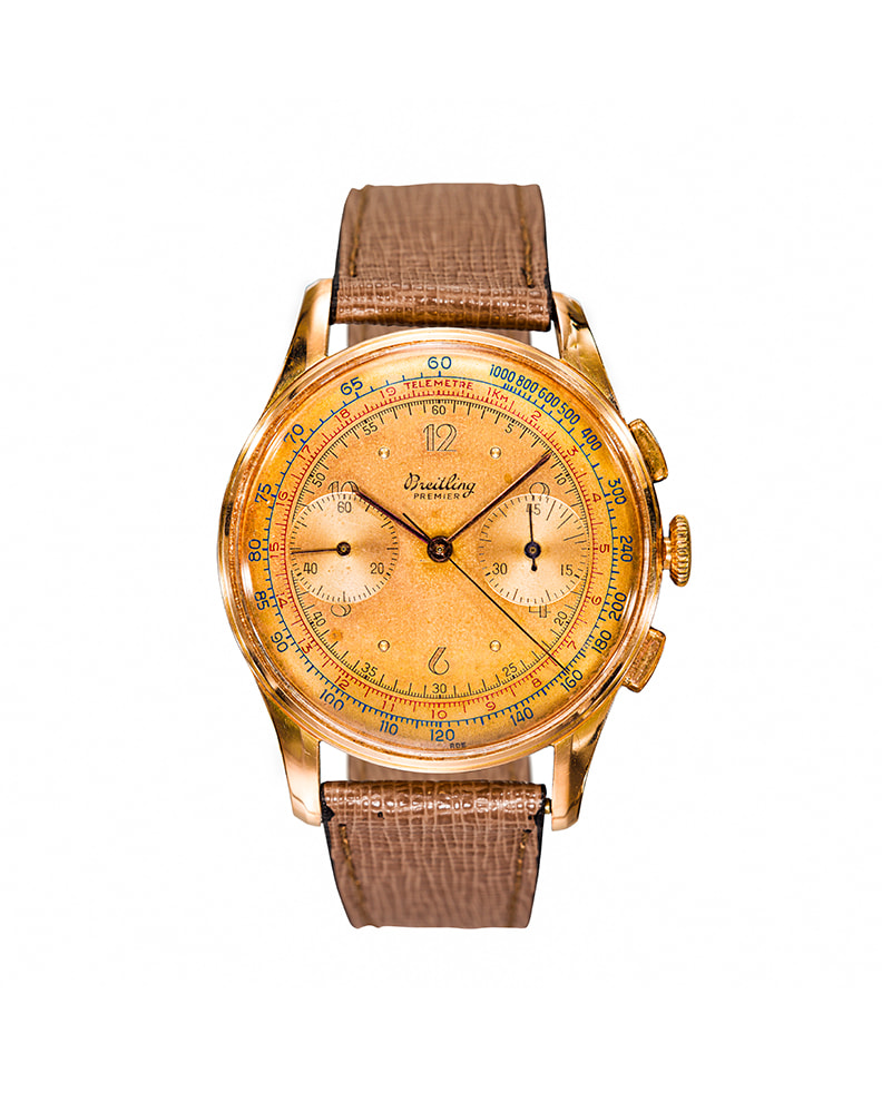 {generated} Vintage Breitling Premier Fantaisies ref.781 Venus 175 with gold dial, dual subdials and brown leather strap