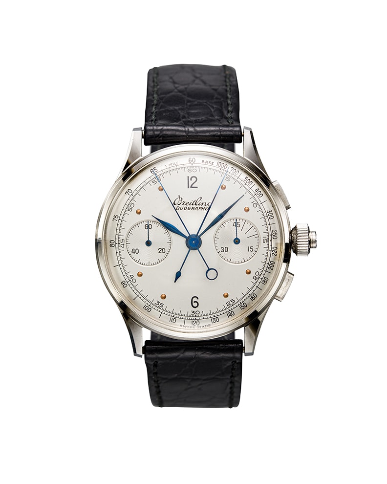 {generated} Breitling Duograph ref.762 Venus 179 with silver dial, blue hands and black leather strap in a detailed product view