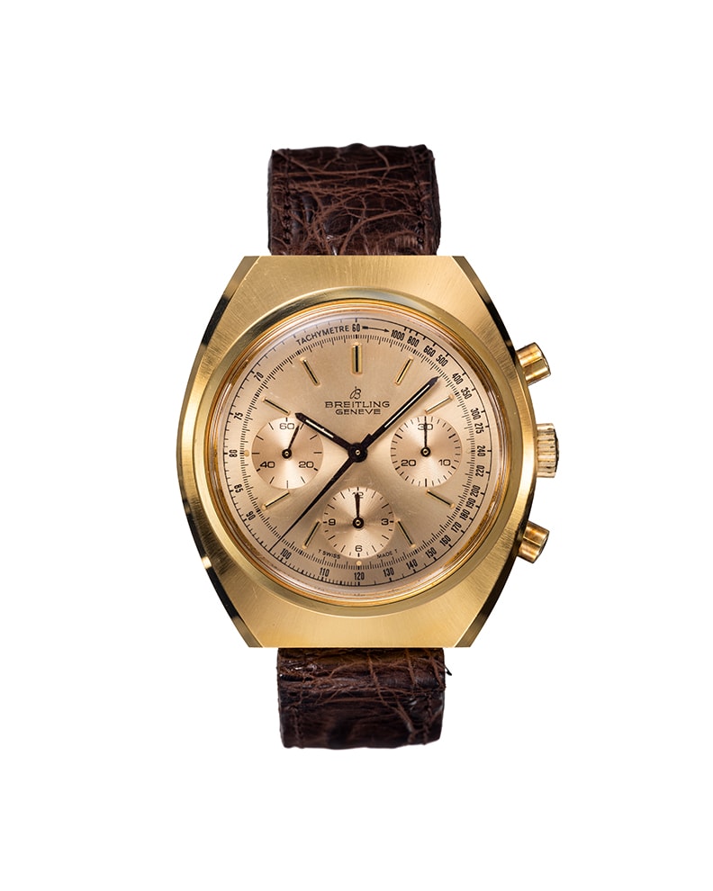 {generated} Breitling Top Time Square Long Playing ref.1450 con cronografo, cassa dorata, quadrante dorato e cinturino in pelle marrone.