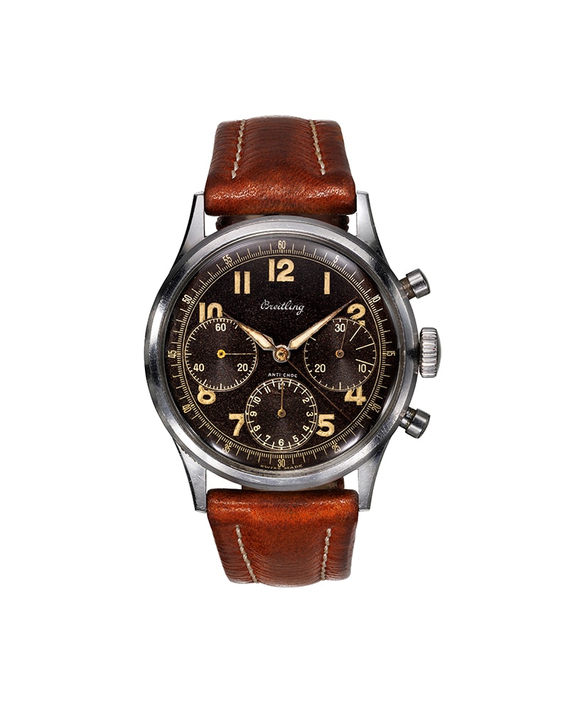 {generated} Vintage Breitling Premier Huit ref 765 Venus 178 chronograph with black dial and brown leather strap shown frontally