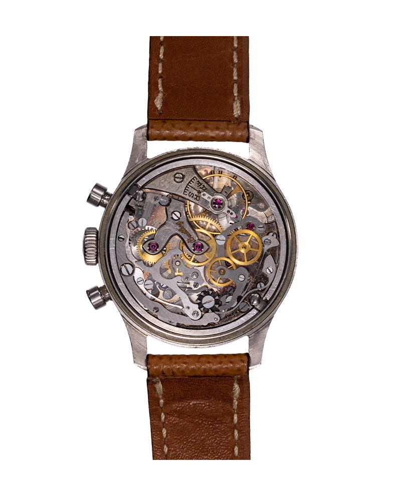 {generated} Breitling Premier ref.790 Venus 150 watch with beige dial, dual subdials and tan leather strap shown in front view