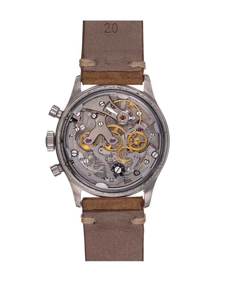 {generated} Vintage Breitling Premier ref. 777 Venus 175 chronograph with cream dial, twin counters and a tan leather strap.