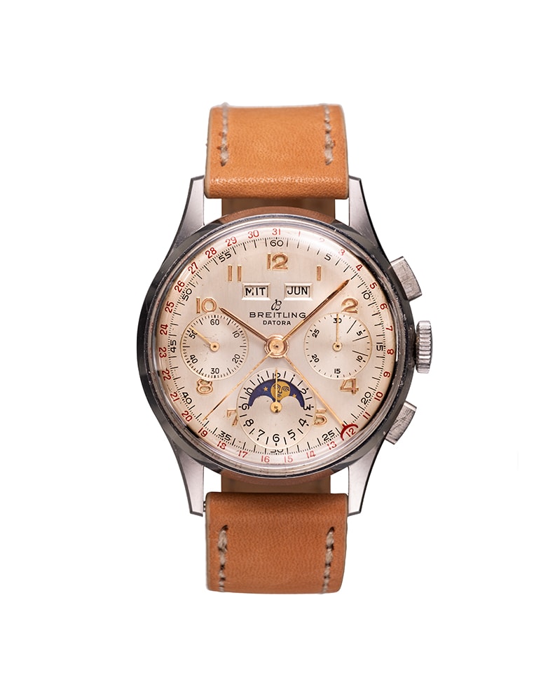 {generated} Breitling Datora ref.805 Valjoux 88 shown with a tan leather strap and vintage cream dial featuring chronograph and moonphase