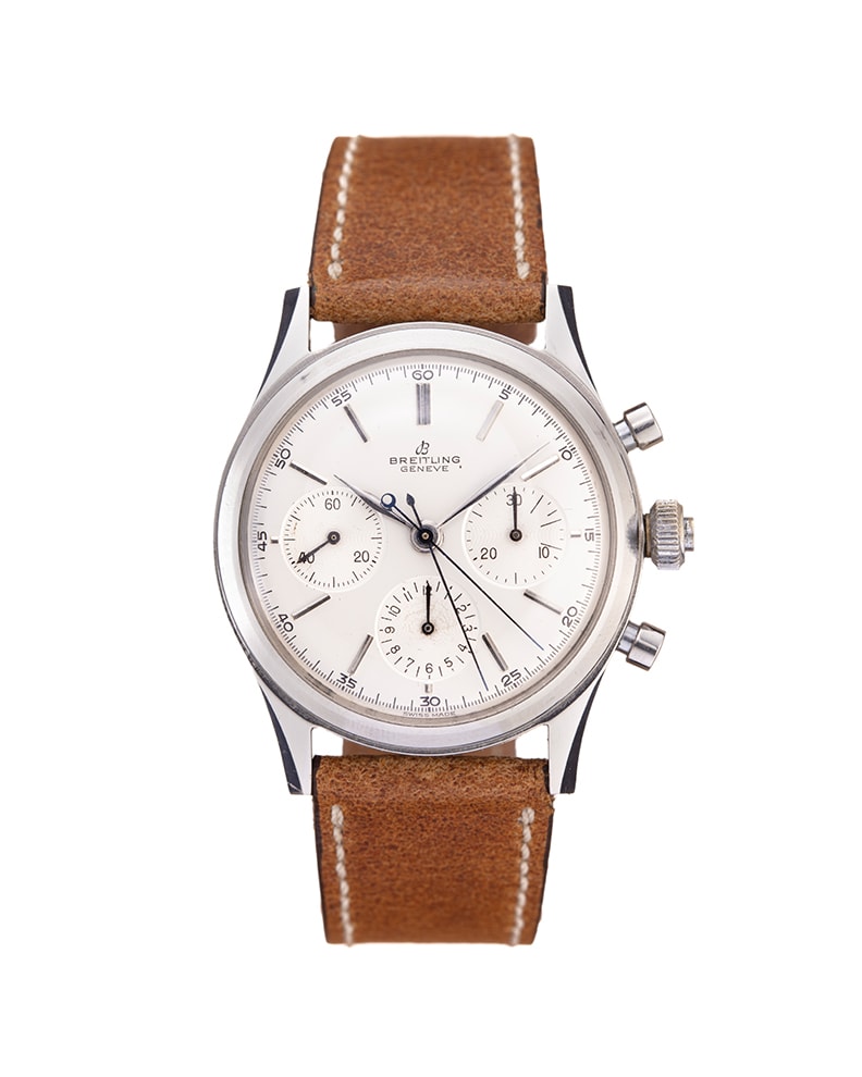 {generated} Breitling Duograph ref.791 Venus 185 shown with a silver dial, triple subdials, and a brown leather strap in frontal view.