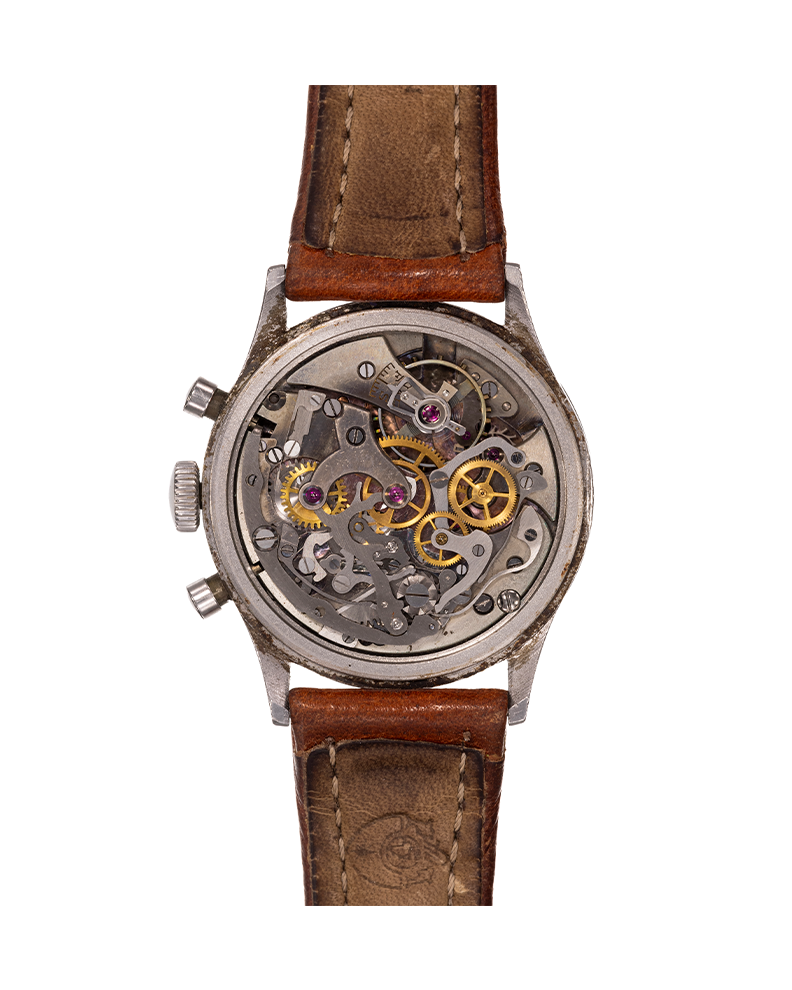 {generated} Vintage Breitling Premier Huit ref 765 Venus 178 chronograph with black dial and brown leather strap shown frontally