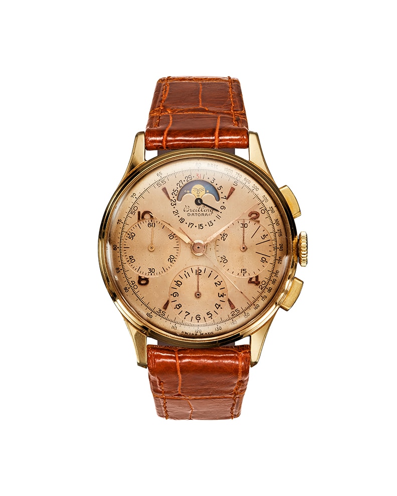 {generated} Breitling Datora ref.799 vintage gold watch with L Venus 187 movement and brown leather strap shown in a front view