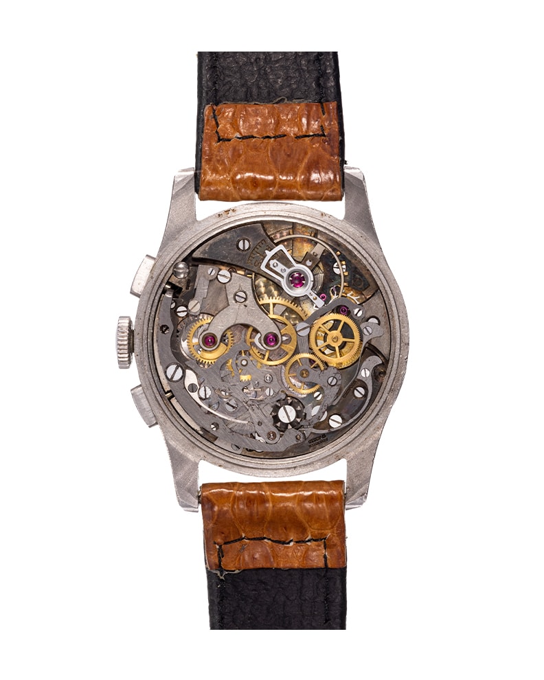 {generated} Breitling Premier ref.782 Venus 175 chronograph with black dial, gold accents and brown leather strap viewed frontally