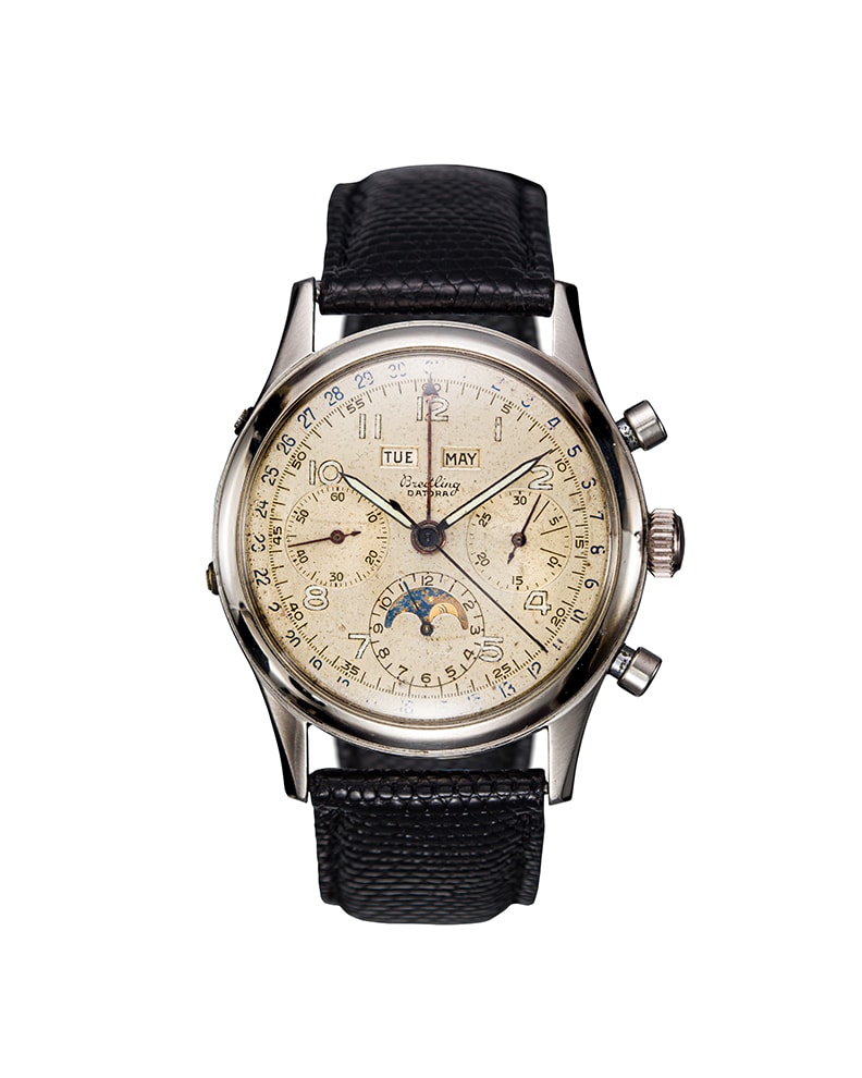 {generated} Breitling Datora ref.804 shown with a cream dial, moonphase display and subdials, set on a black leather strap