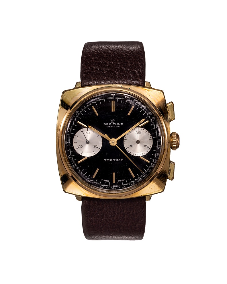 {generated} Orologio Breitling Top Time Square ref.2008 vintage con cassa dorata, quadrante nero, contatori argento e cinturino marrone