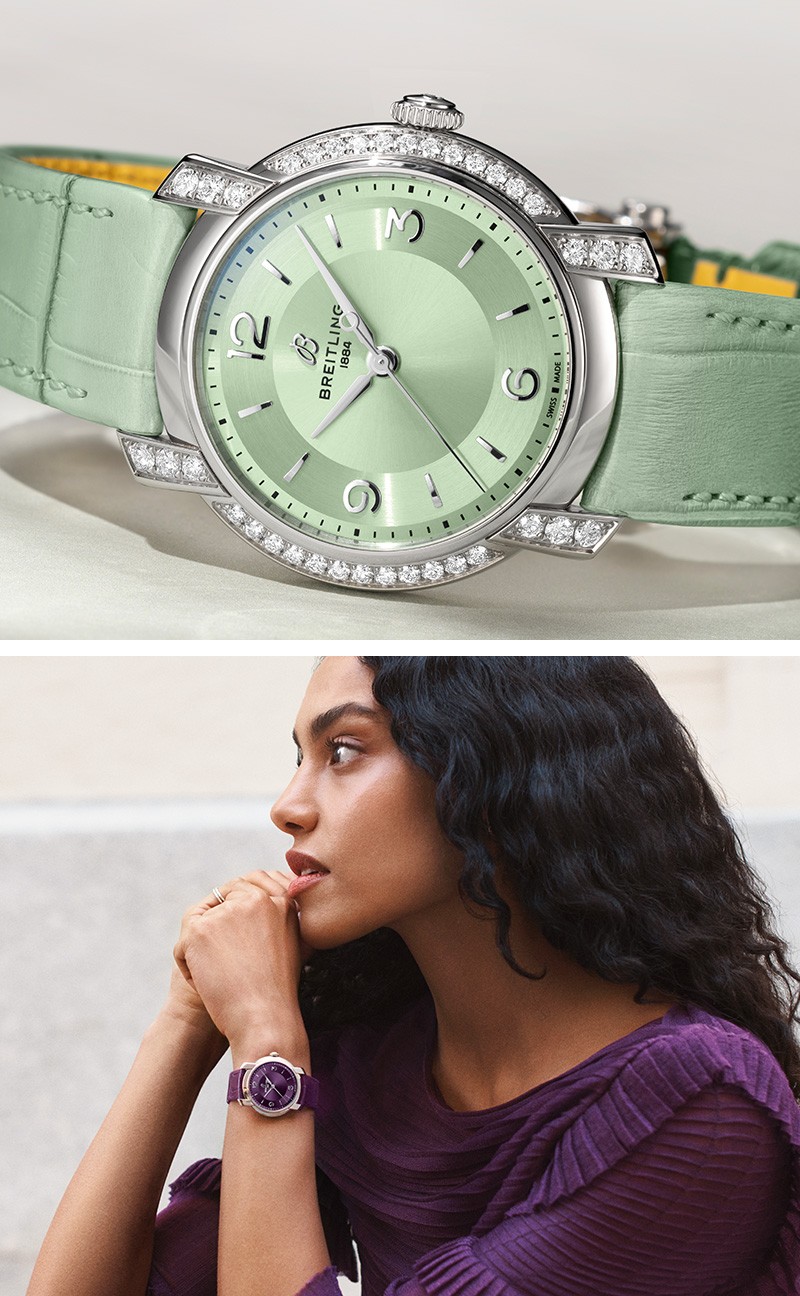 {generated} グリーンとパープルのBreitling Lady Premierを女性が着用した様子とクローズアップで示した詳細な構図