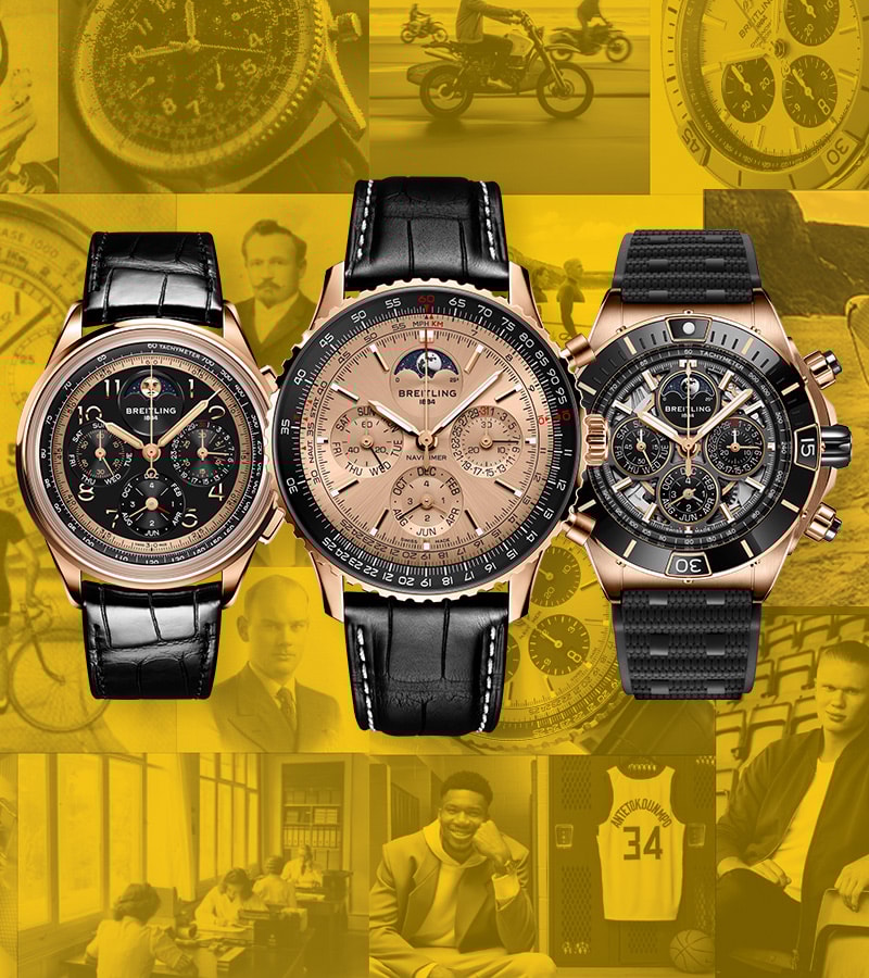 {generated} Vintage collage featuring Breitling watches alongside motorsport, craft, and lifestyle scenes in a warm yellow tone