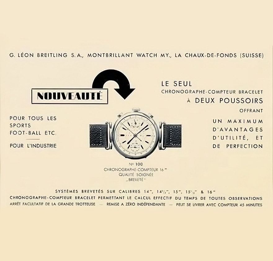 {generated} Vintage Breitling advertisement showcasing the Chronographe-Compteur No 100 with dual pushers and detailed technical text.