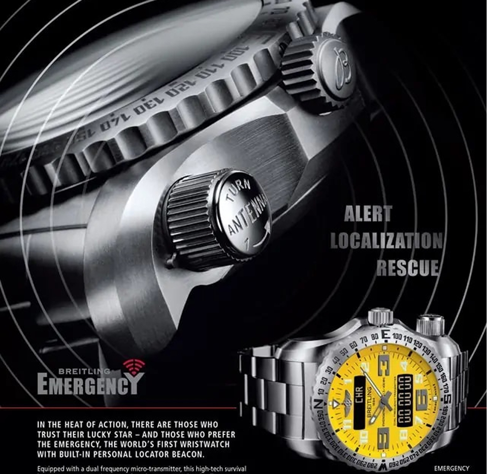 {generated} Breitling Emergency以黃色錶盤與天線錶冠呈現，強調其2013年警報與救援功能