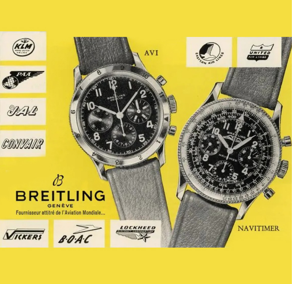 {generated} Vintage Breitling display of AVI and Navitimer watches with black dials and leather straps on a yellow aviation backdrop
