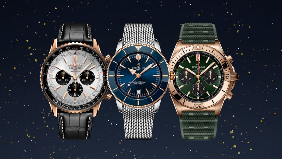 {generated} Three men's Breitling watches, including Navitimer, Superocean Heritage and Chronomat, set against a festive dark backdrop