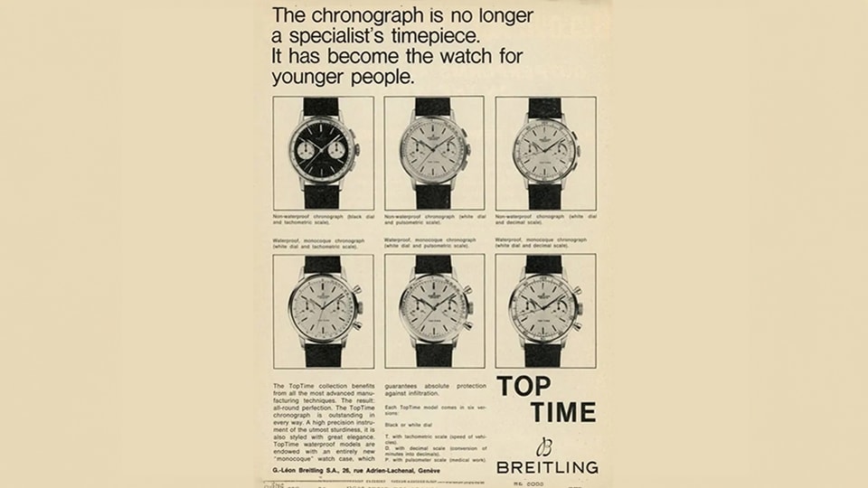 {generated} Pubblicità vintage con più orologi Breitling Top Time dai quadranti diversi che valorizzano il design del cronografo