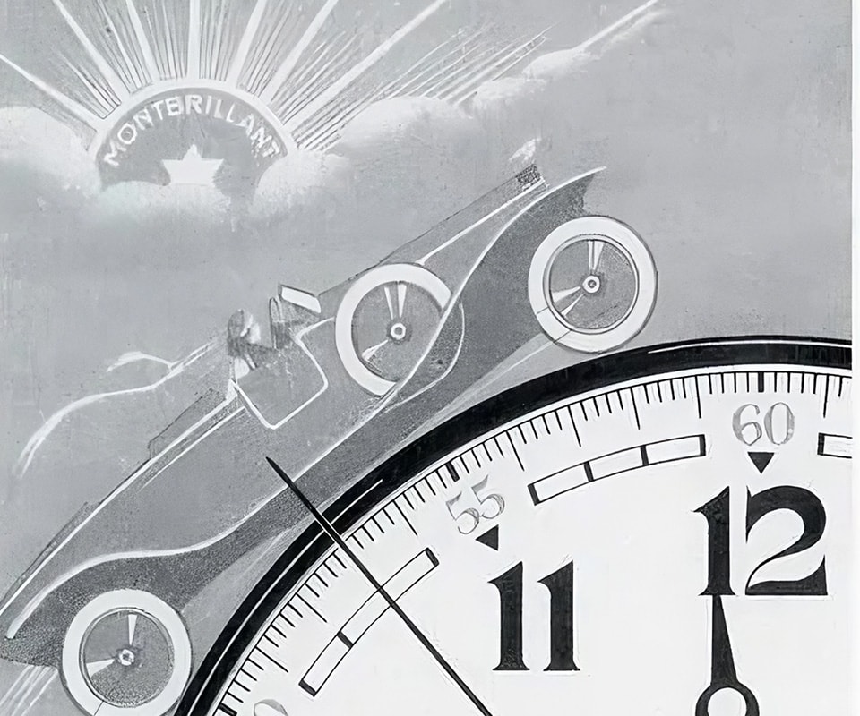 {generated} Vintage 1932 scene blending a speeding car with an oversized Breitling dial, evoking early chronograph precision.