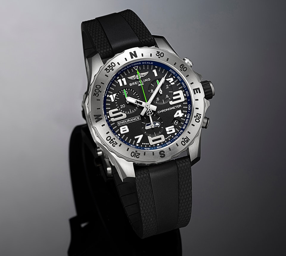 {generated} Breitling Endurance Pro in Seattle Seahawks colors, highlighting a black dial, bold numerals and a rugged black strap.