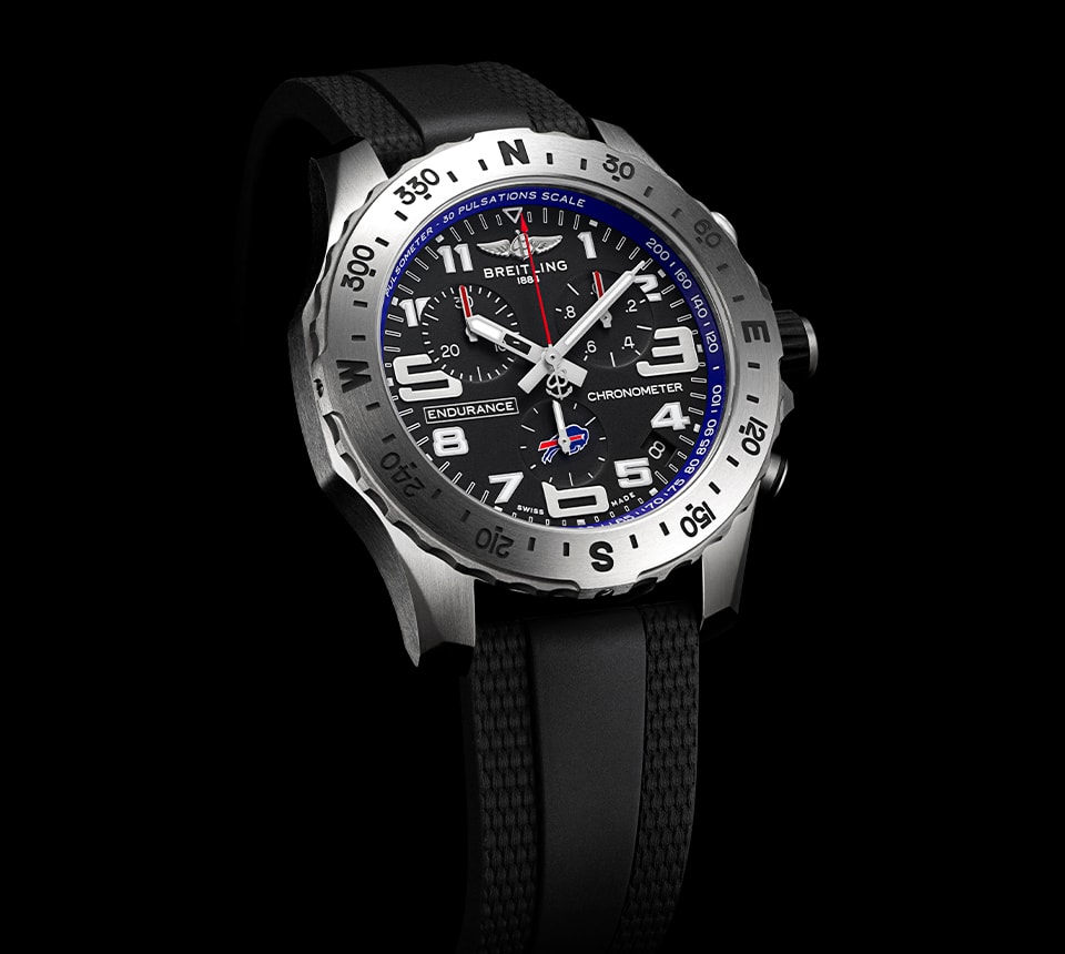 {generated} Breitling Endurance watch with black dial, Buffalo Bills detailing and a sporty black strap set against a dark background