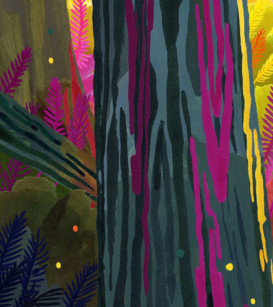 {generated} 色彩繽紛的森林中，一株幼苗立於樹樁上，展現Breitling與Sugi在生態復興上的協作。