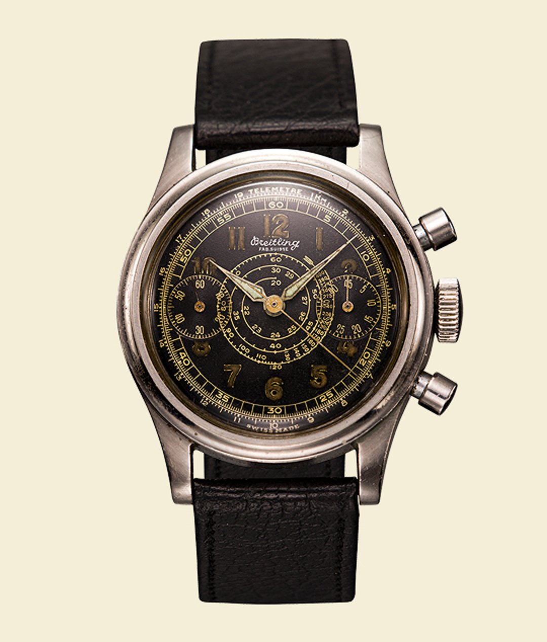 {generated} Vintage Breitling chronograph with black dial, gold markings, and leather strap evoking the brand’s inventive era.