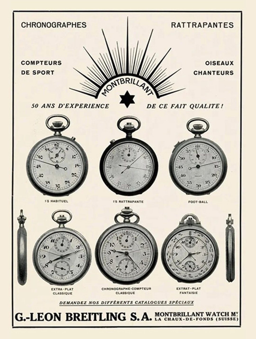 {generated} Vintage 1933 Breitling poster featuring Montbrillant chronograph pocket watches with refined dials and elegant period styling