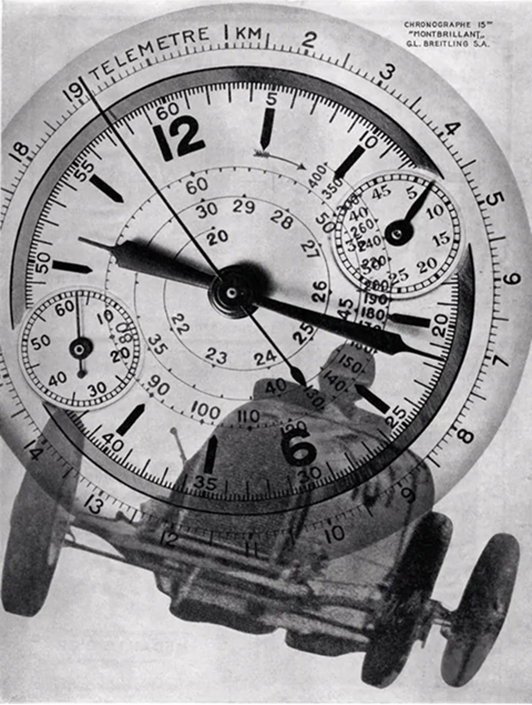 {generated} Vintage Breitling chronograph dial layered over a 1933 racing car and driver, evoking the brand’s early timing heritage