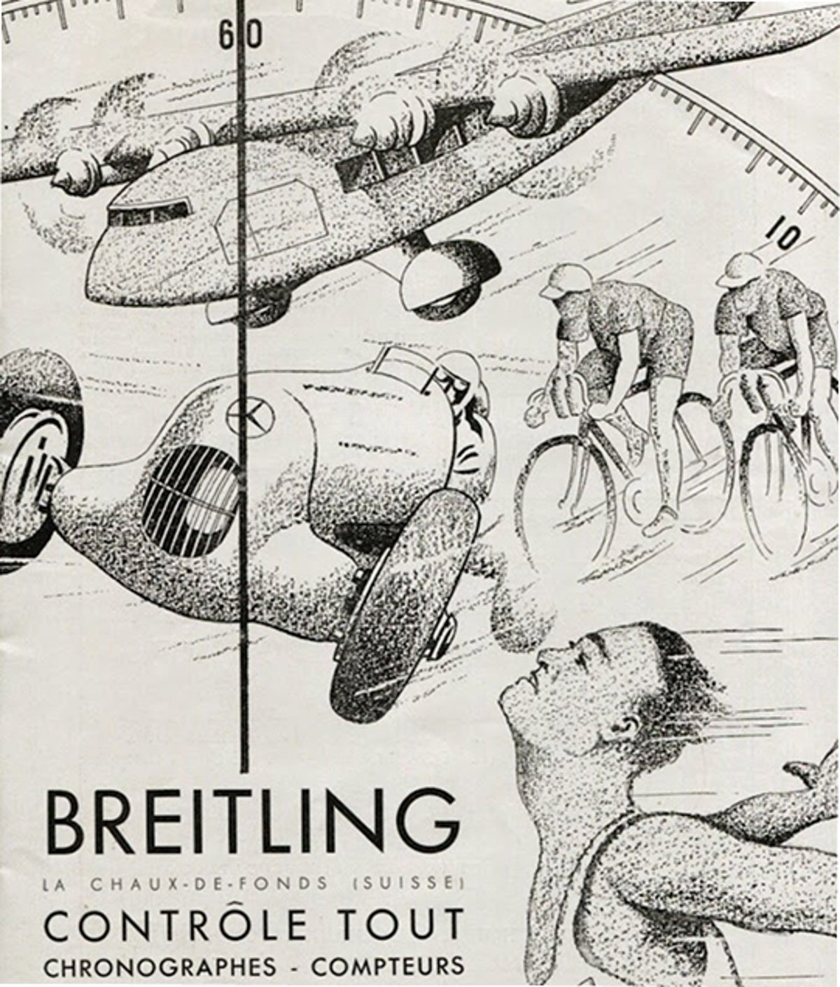 {generated} Vintage illustration showing aircraft, race car, cyclists and swimmer framed by a stopwatch scale with Breitling branding.