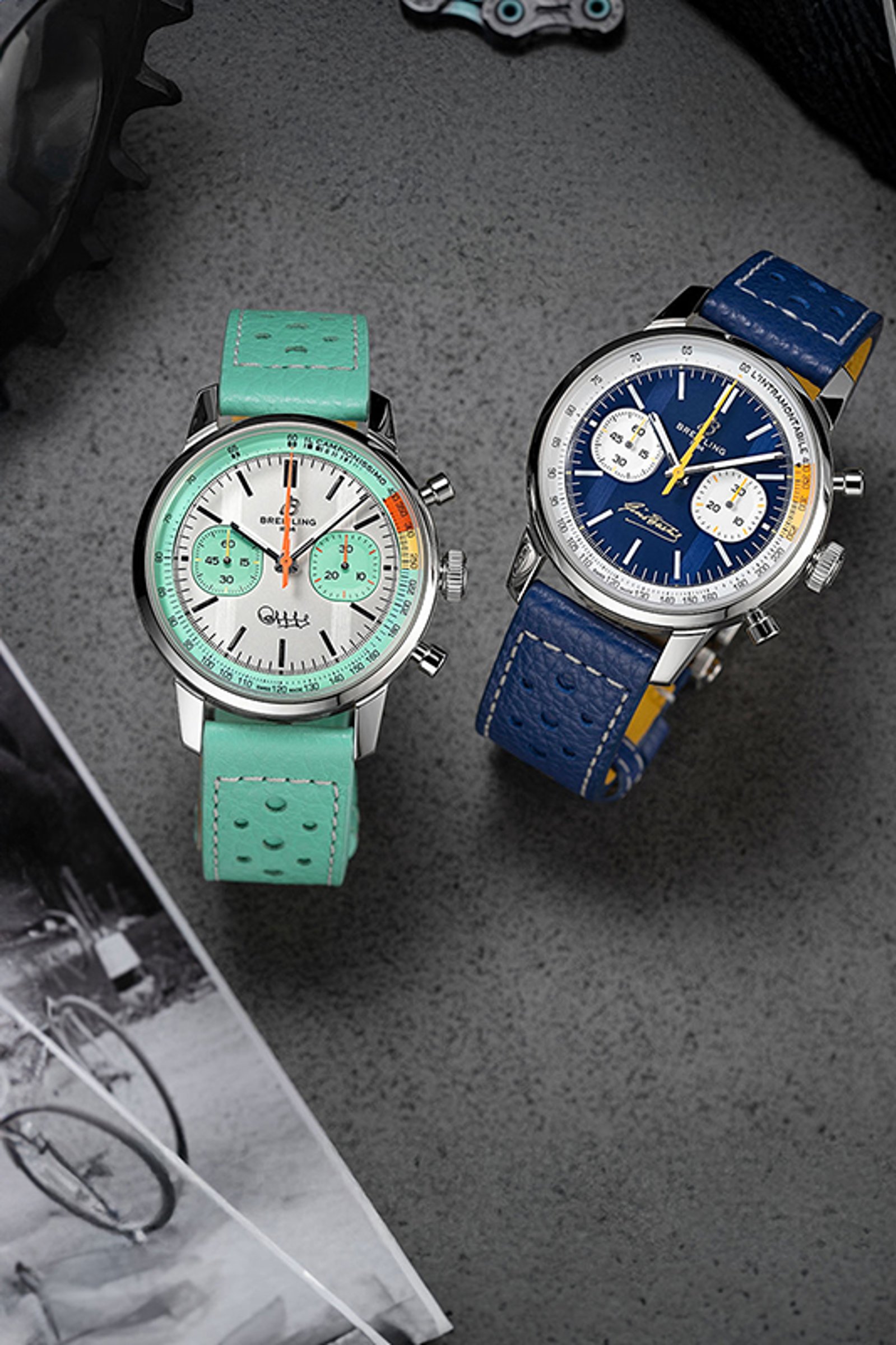 Three Top Time watches with different colored dials and straps on a shiny background.