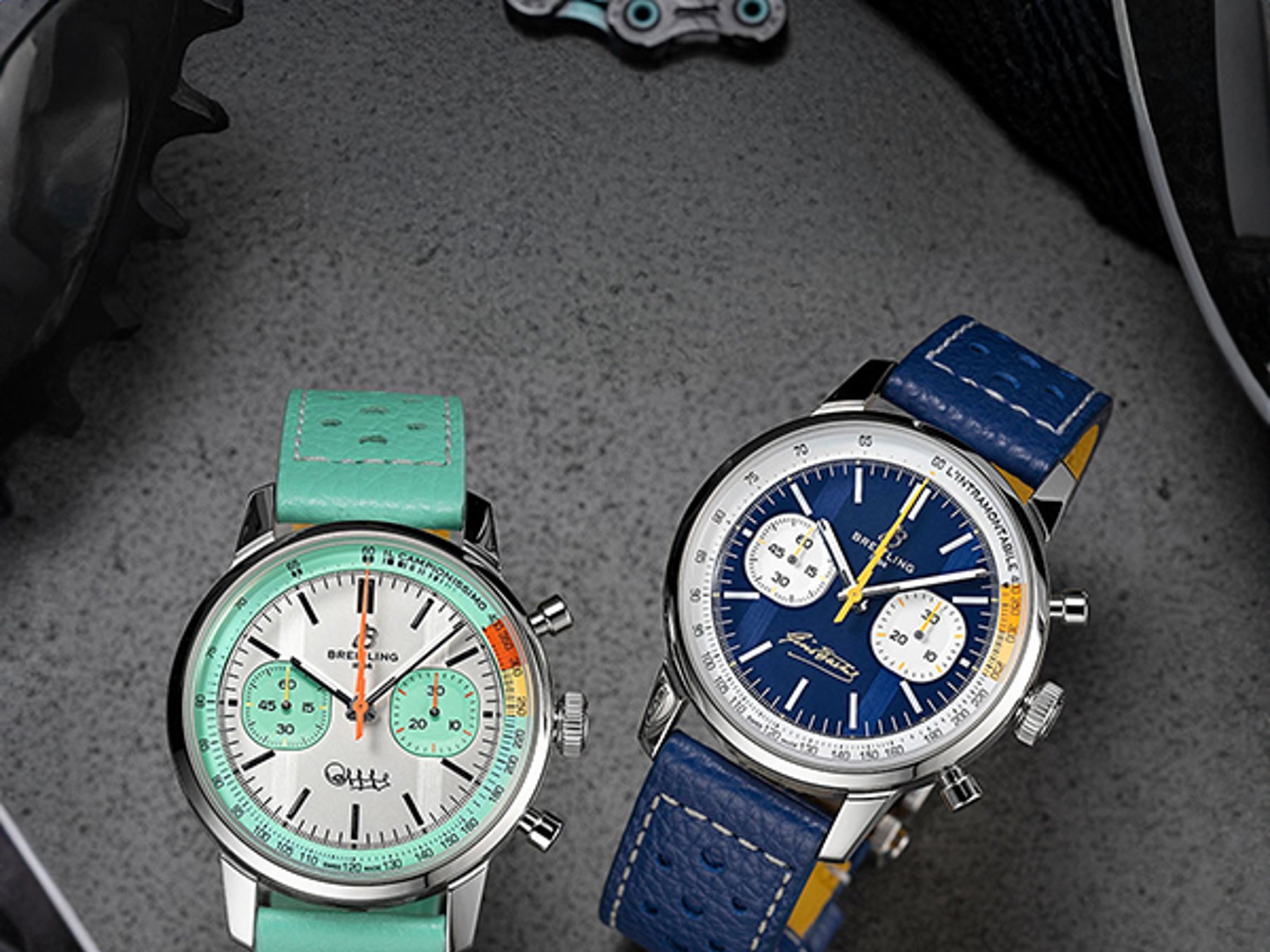 Three Top Time watches with different colored dials and straps on a shiny background.