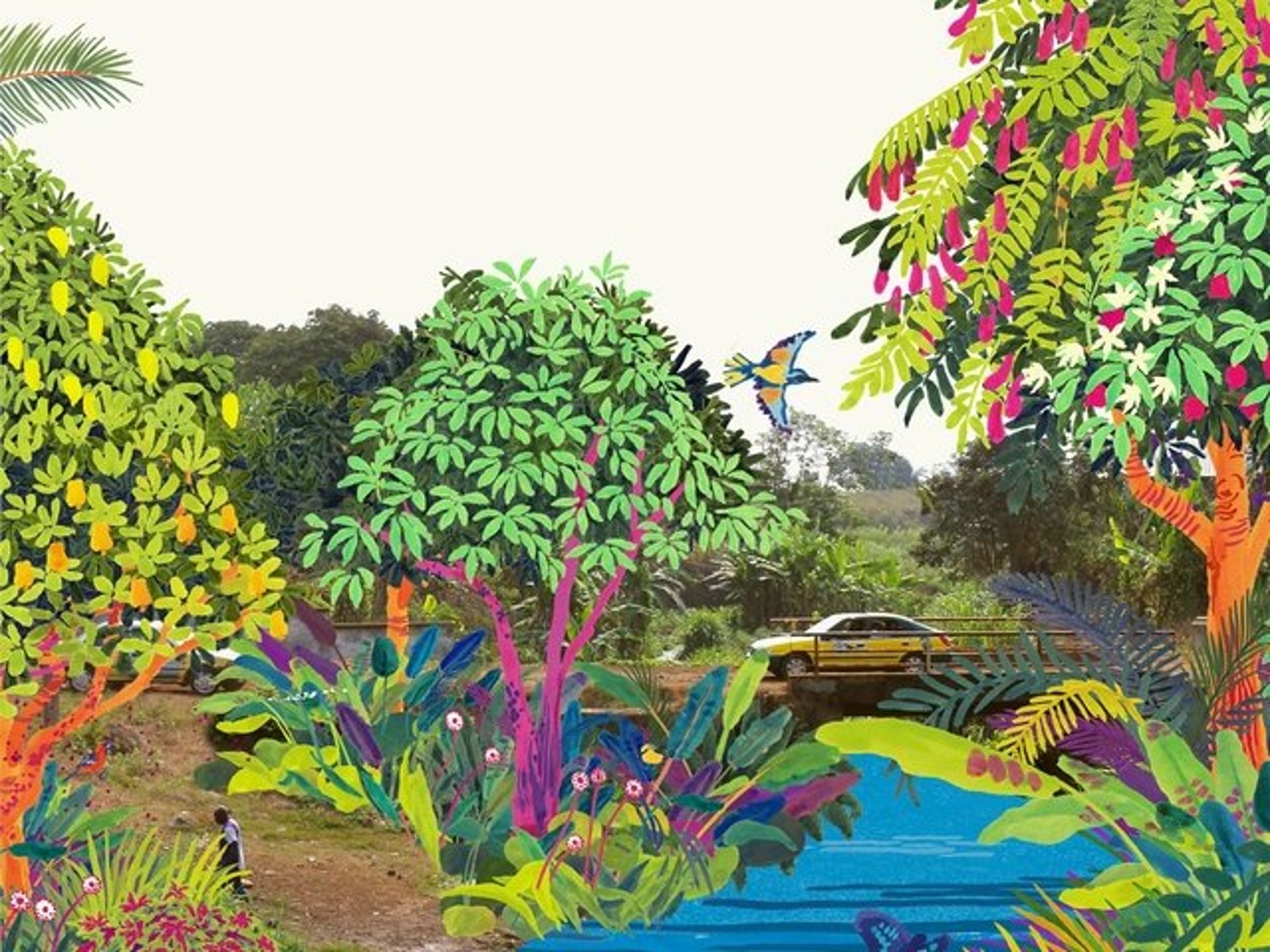 {generated} 布魯集水區的生動森林景觀，彩色插畫樹木與遠方鄉間道路上的汽車相互映襯。