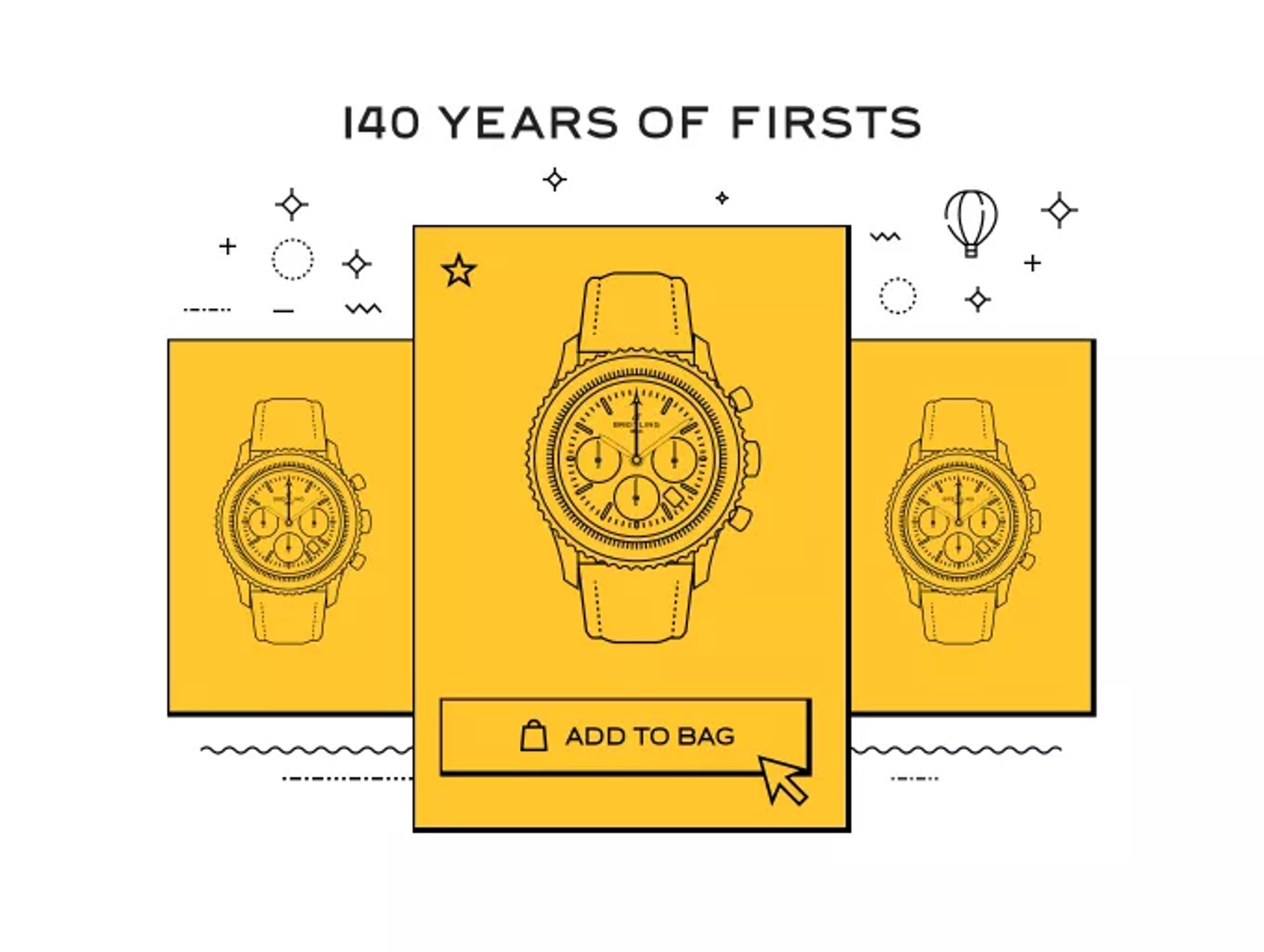 {generated} Breitling anniversary graphic showing illustrated watch trio and a central add‑to‑bag prompt highlighting purchase