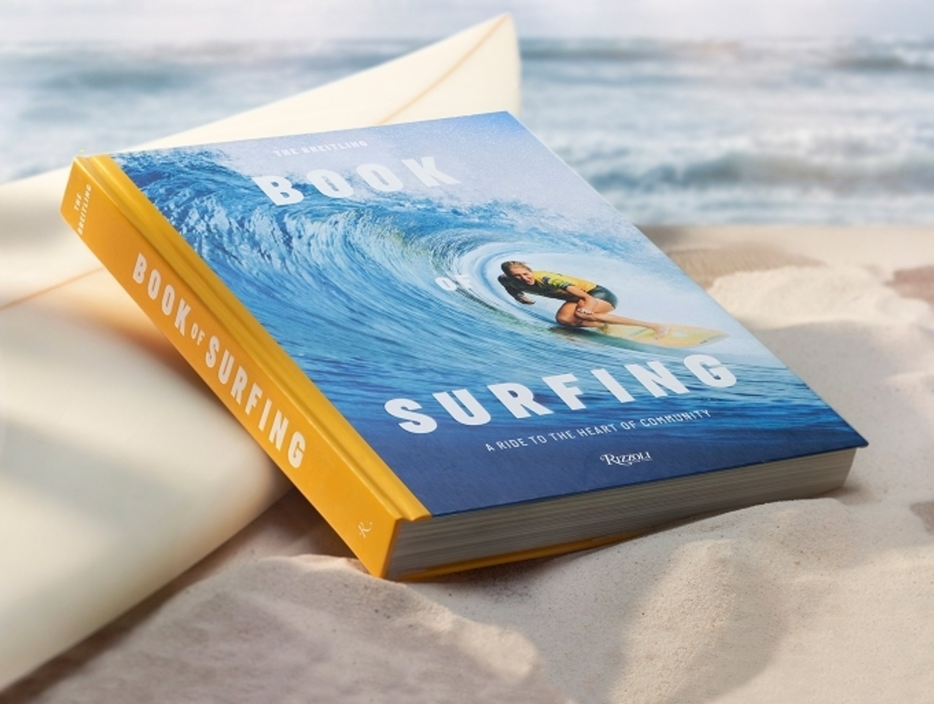 {generated} A surf-themed book set on sandy beach beside a white surfboard, evoking coastal atmosphere and vivid motion of breaking waves.