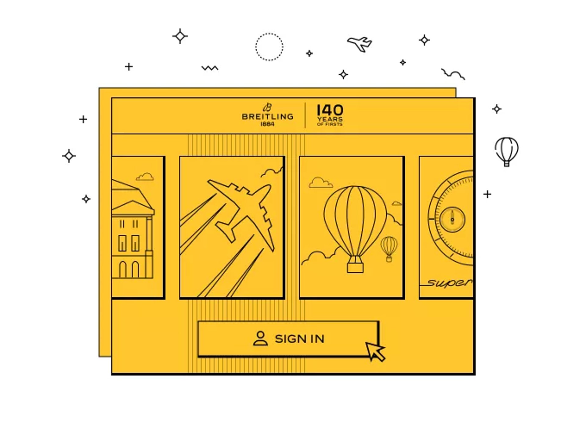 {generated} Yellow Breitling illustration featuring aviation icons, hot air balloons, and a watch dial surrounding the sign-in button